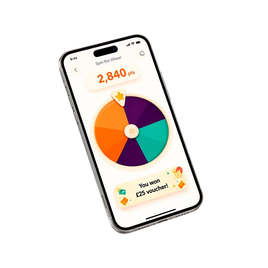 Engagelyx mobile loyalty app showing spin-the-wheel mechanic and £25 voucher reward